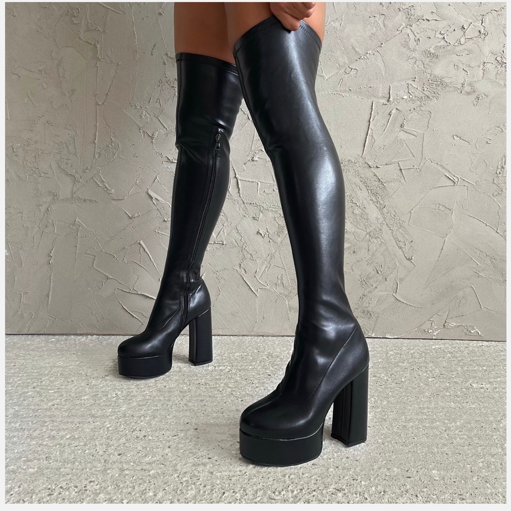 Thigh High Boots teresa Black Platform Block Heel